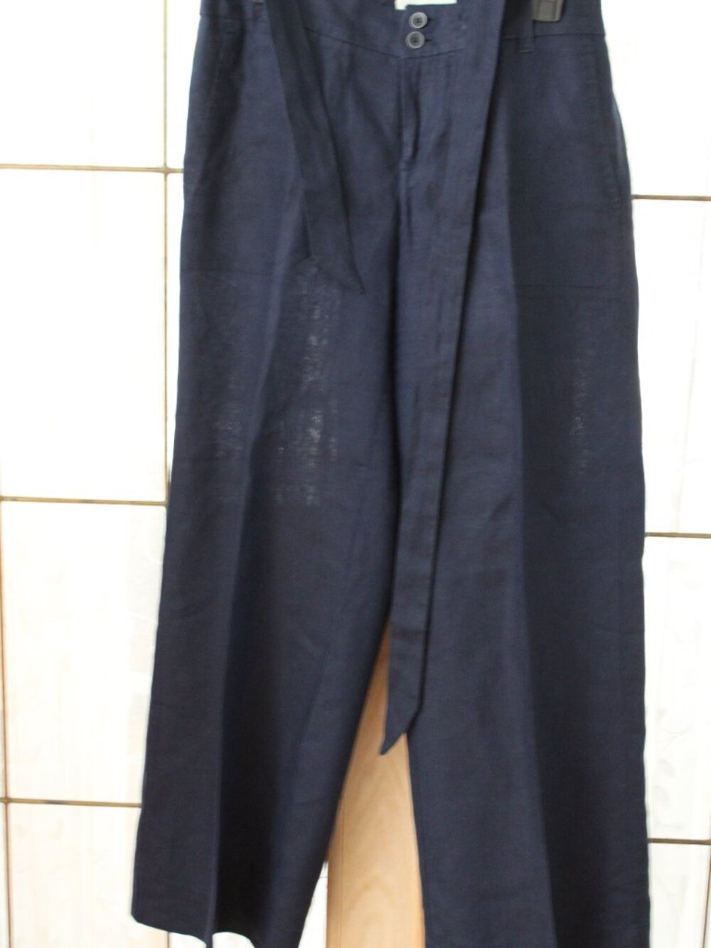 Banana Republic Linen Women Pants S 6 Casual Navy Blue Belt 4 Pockets Straight